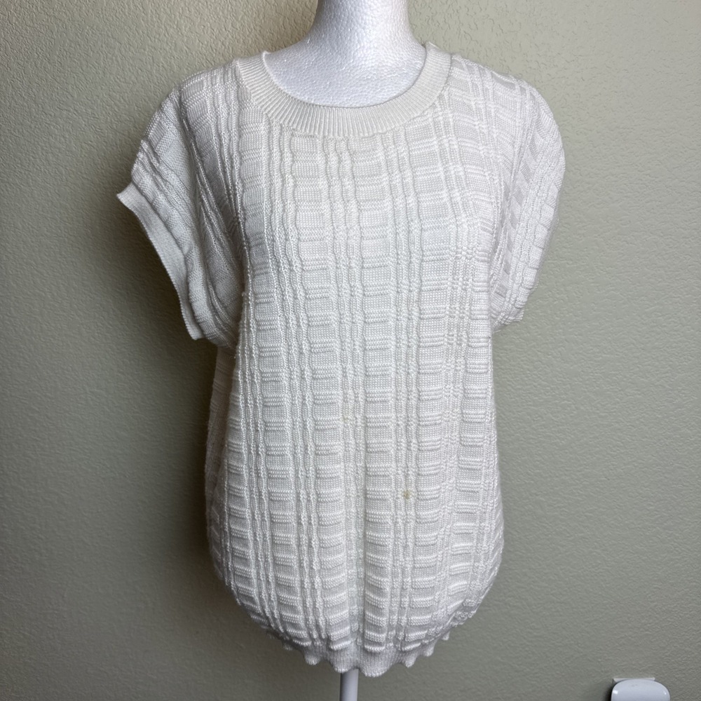 Pykettes Sweater Vest M Women White Cable Knit Short Sleeve Vintage Pullover Top
